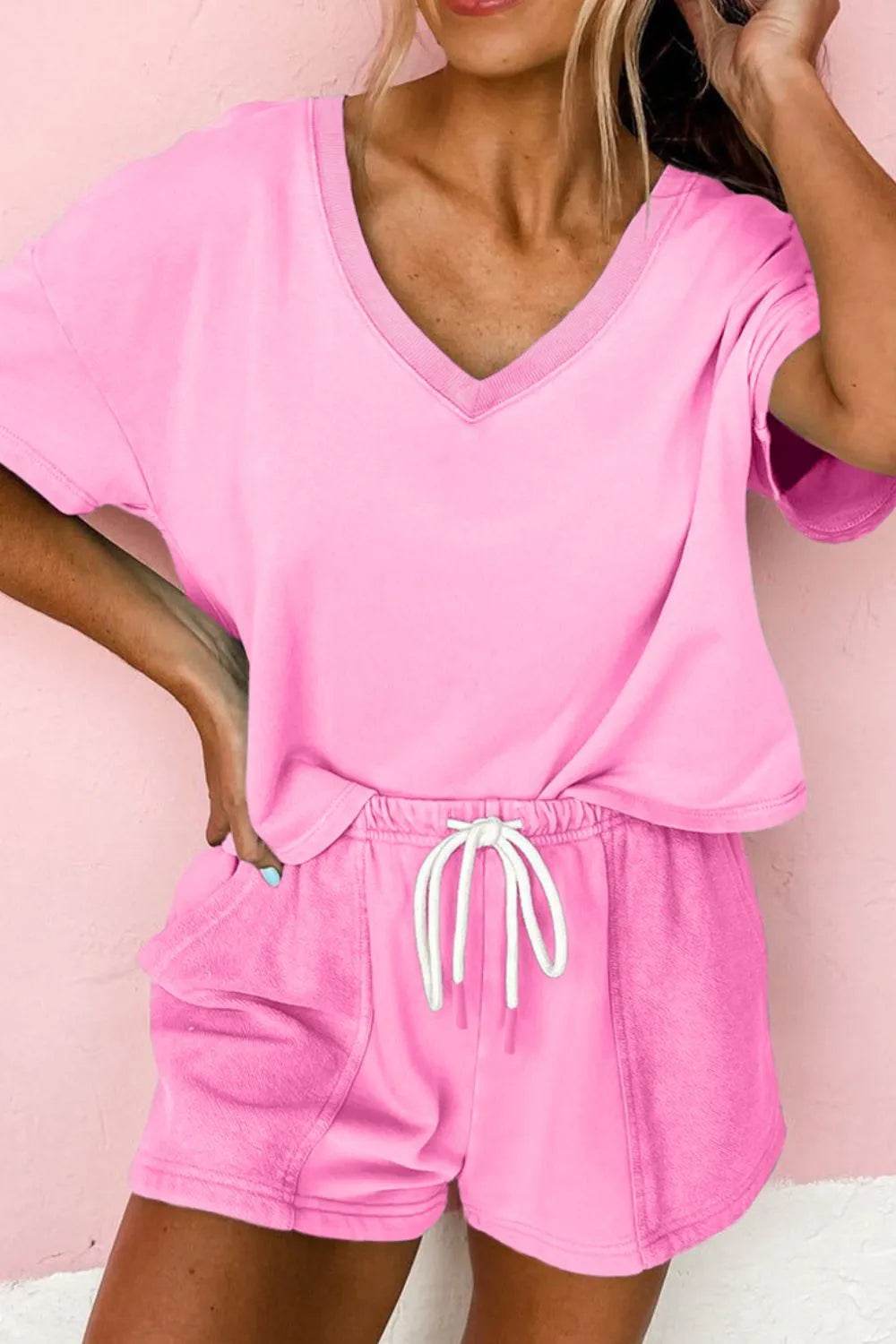 V-Neck Short Sleeve Top and Shorts Set - Velveta Studio