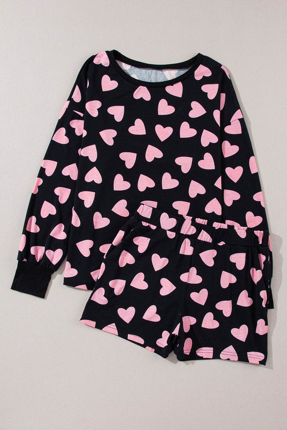 Heart Print Long Sleeve Top and Shorts Lounge Set - Velveta Studio