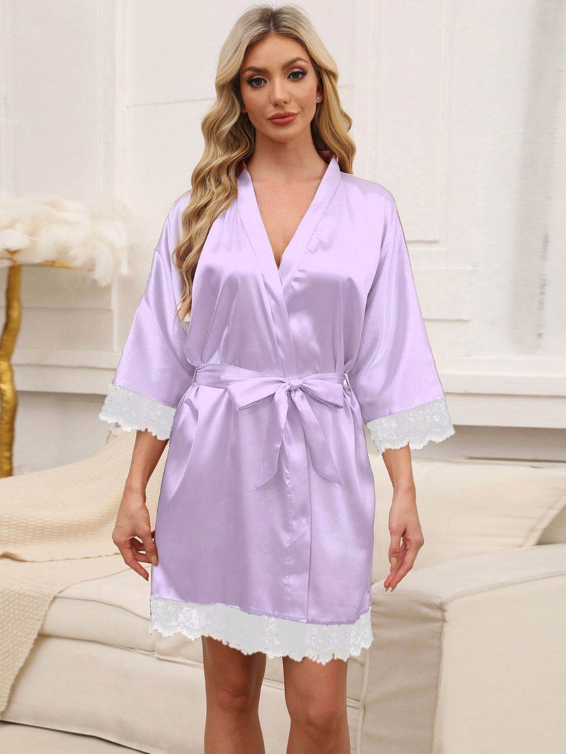 Tied Lace Detail Three-Quarter Sleeve Lounge Nightgown - Velveta Studio