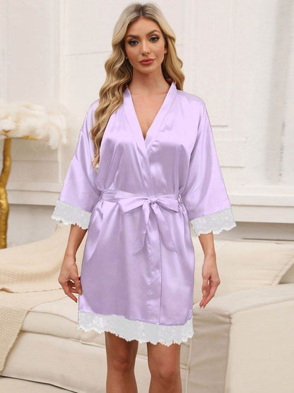 Tied Lace Detail Three-Quarter Sleeve Lounge Nightgown - Velveta Studio