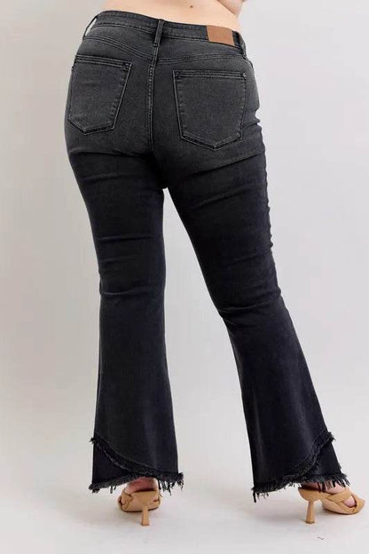 Full Size High Waist Flare W/ Mock Fray Tulip Hem Plus Size - Velveta Studio