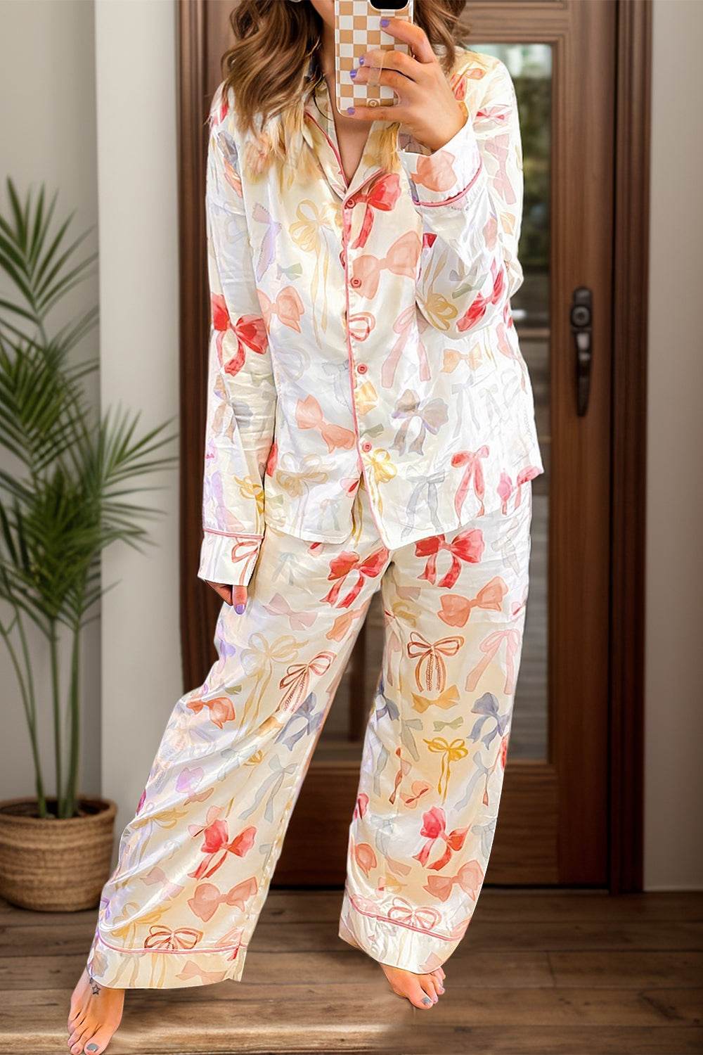 Bow Print Collared Neck Long Sleeve Top and Pants Lounge Set - Velveta Studio