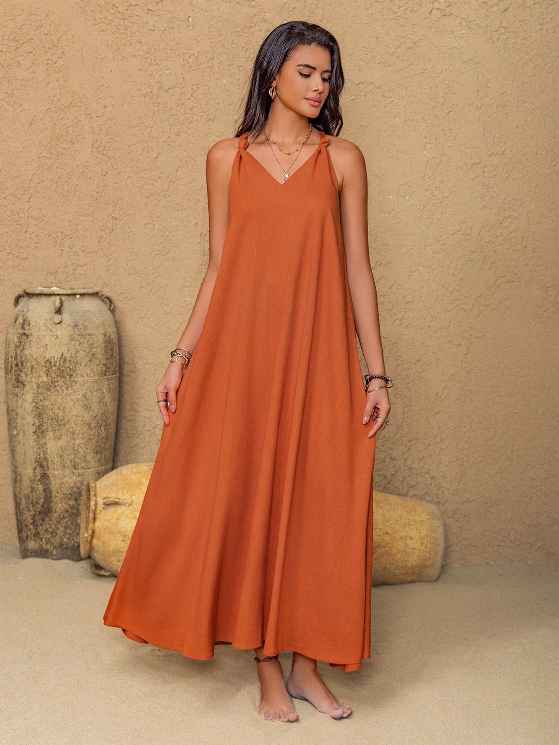 Ruched Twisted Back Sleeveless Maxi Cami Dress - Velveta Studio