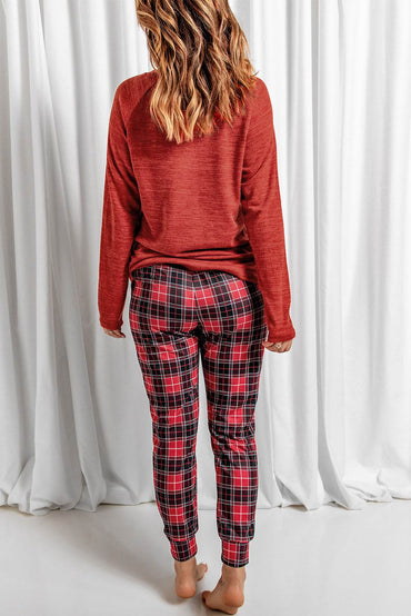Round Neck Top and Drawstring Plaid Pants Lounge Set - Velveta Studio