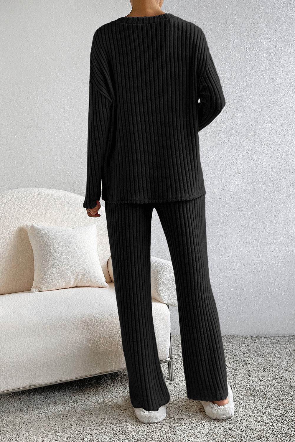 Ribbed V-Neck Top and Pants Lounge Set - Velveta Studio