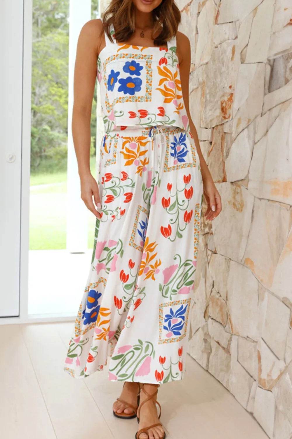 Printed Square Neck Top and Pants Set - Velveta Studio