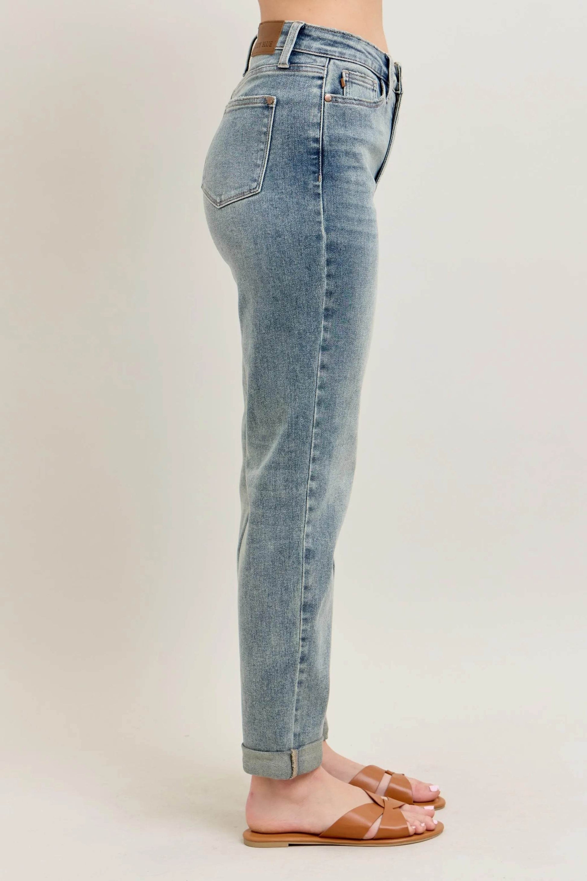 Judy Blue Full Size Hw Vintage Wash Double Roll Cuff Bf Jeans Plus Size - Velveta Studio