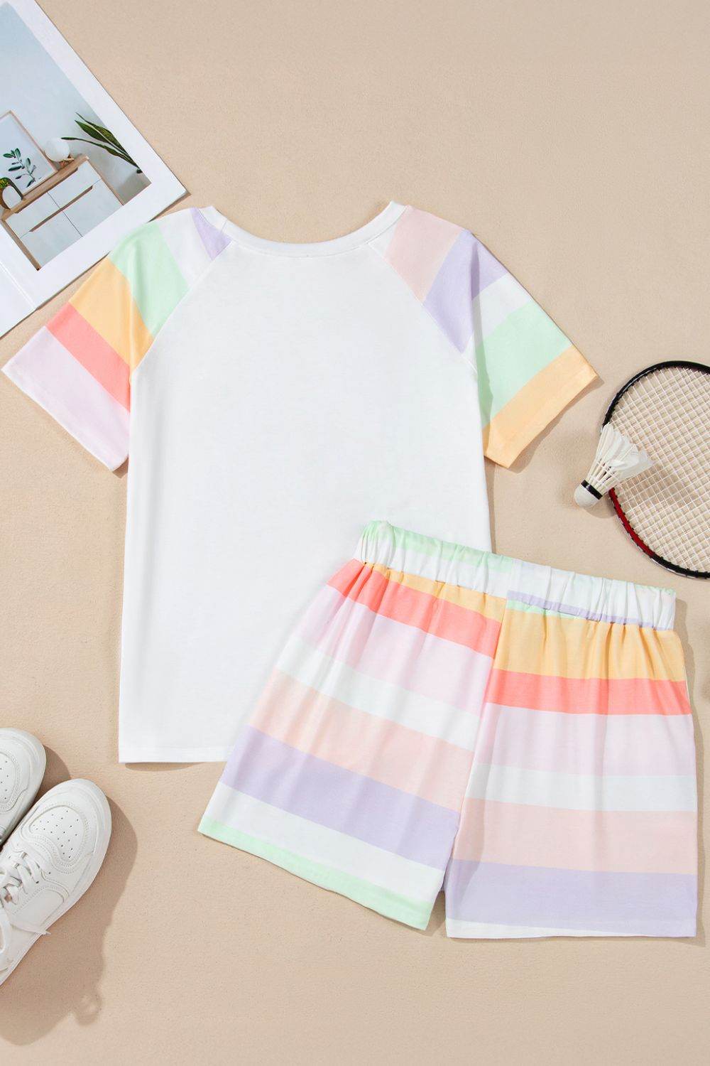 Rainbow Striped Round Neck T Shirt and Shorts Lounge Set - Velveta Studio
