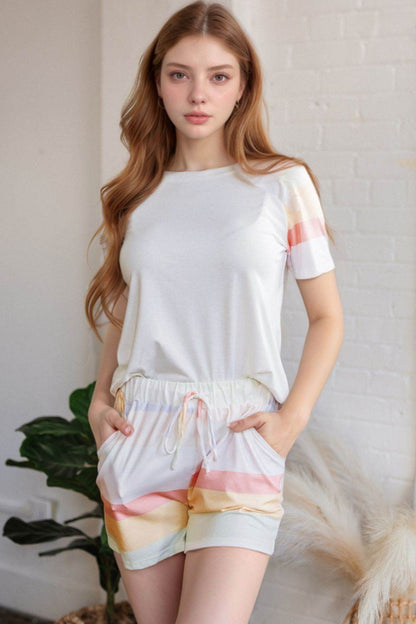 Rainbow Striped Round Neck T Shirt and Shorts Lounge Set - Velveta Studio