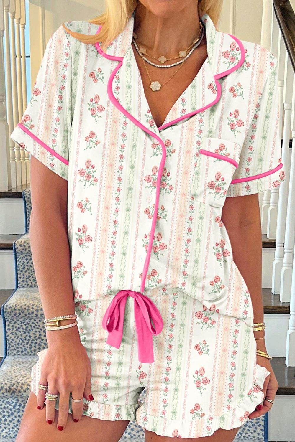 Printed Button Up Short Sleeve Top and Shorts Lounge Set - Velveta Studio