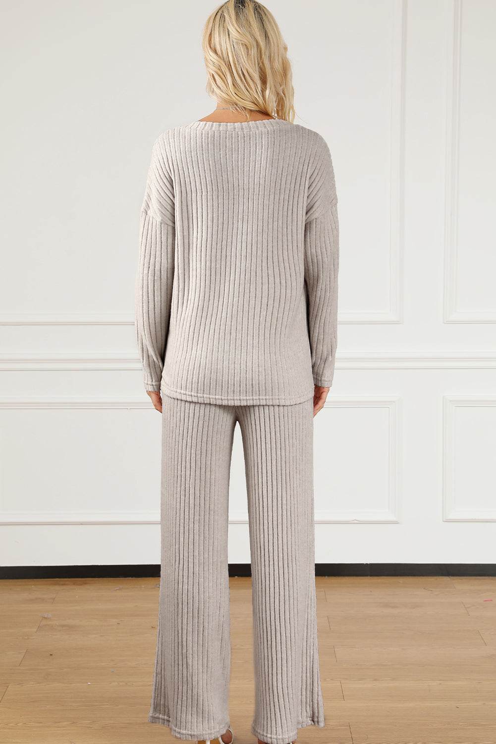 Ribbed V-Neck Top and Pants Lounge Set - Velveta Studio
