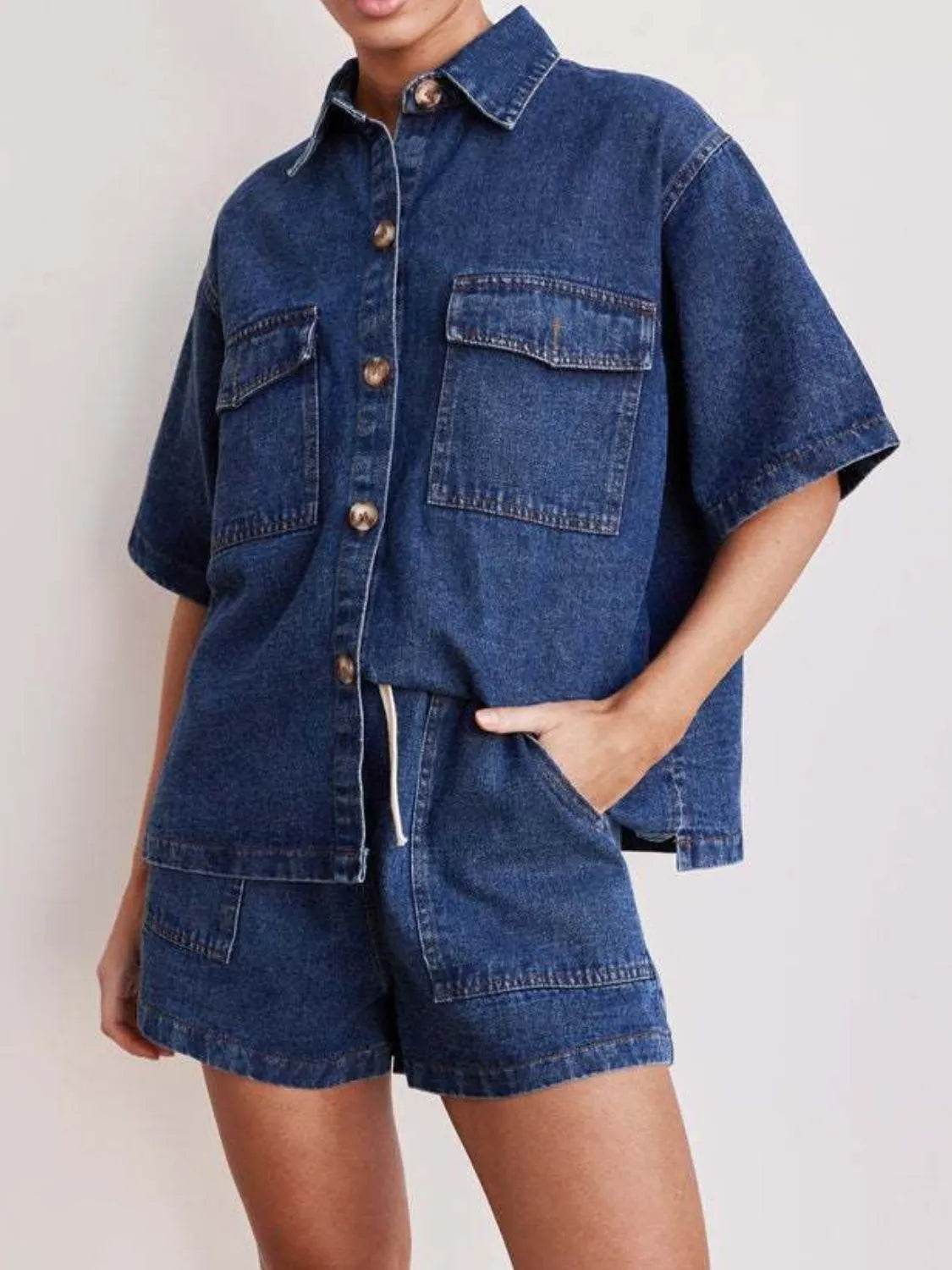 Button Up Short Sleeve Top and Shorts Denim Set - Velveta Studio
