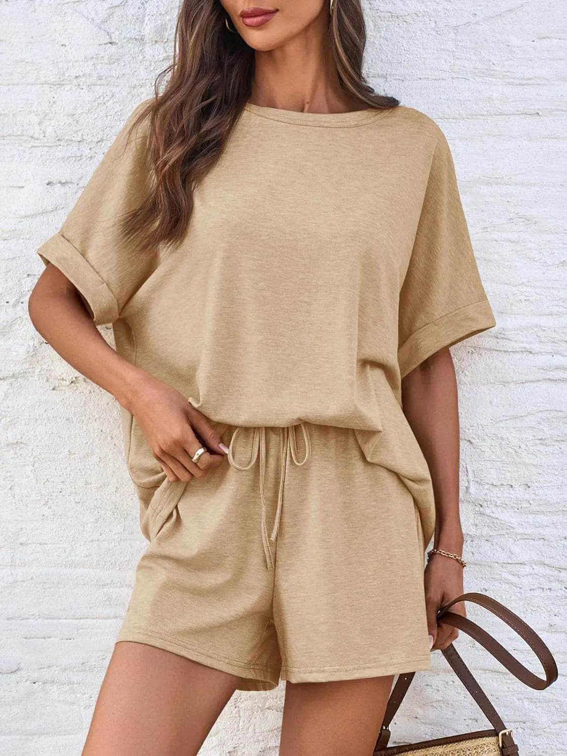 Round Neck Short Sleeve Top and Shorts Set - Velveta Studio
