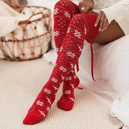 Christmas Element Bowknot Ribbed Trim Over Knee Stockings - Velveta Studio