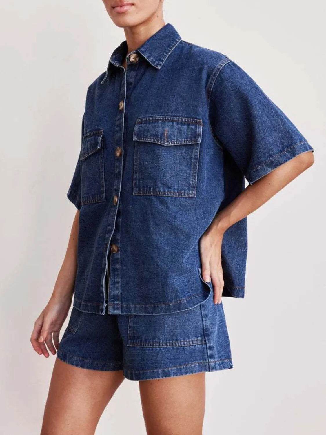 Button Up Short Sleeve Top and Shorts Denim Set - Velveta Studio