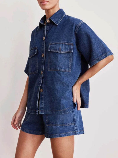 Button Up Short Sleeve Top and Shorts Denim Set - Velveta Studio