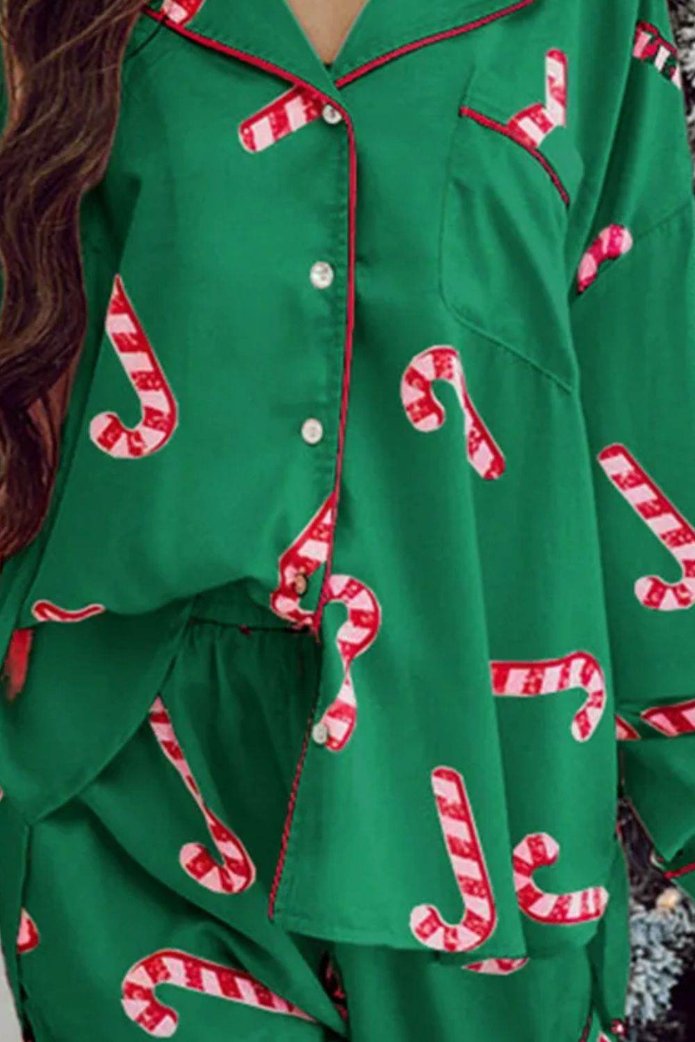 Candy Cane Collared Neck Long Sleeve Top and Shorts Lounge Set - Velveta Studio