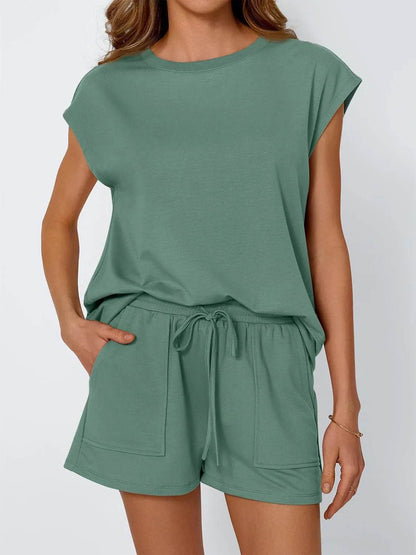Round Neck Cap Sleeve Top and Shorts Set - Velveta Studio