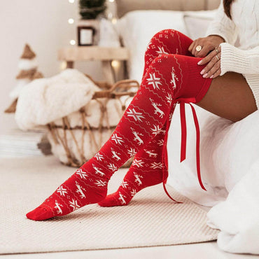 Christmas Element Bowknot Ribbed Trim Over Knee Stockings - Velveta Studio