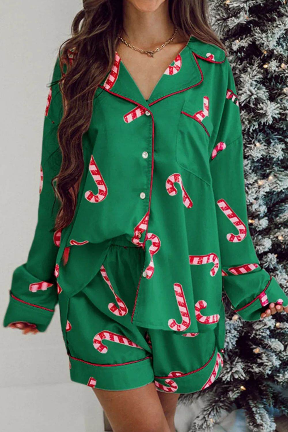 Candy Cane Collared Neck Long Sleeve Top and Shorts Lounge Set - Velveta Studio