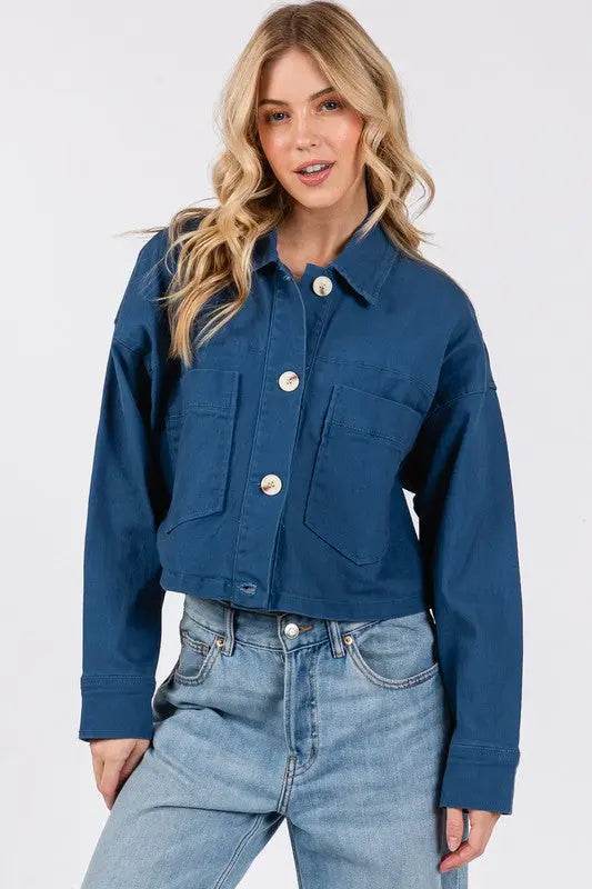 bytos Button Down Cropped Denim Jacket with Patch Pockets - Velveta Studio