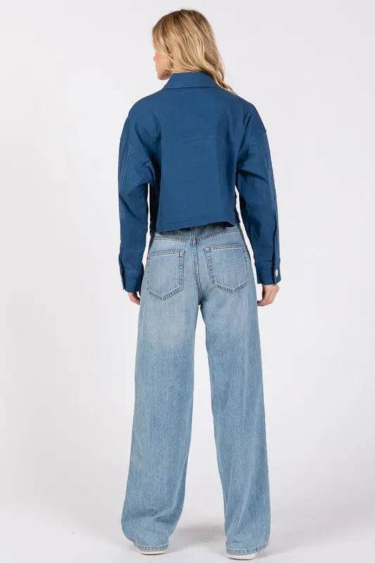 bytos Button Down Cropped Denim Jacket with Patch Pockets - Velveta Studio