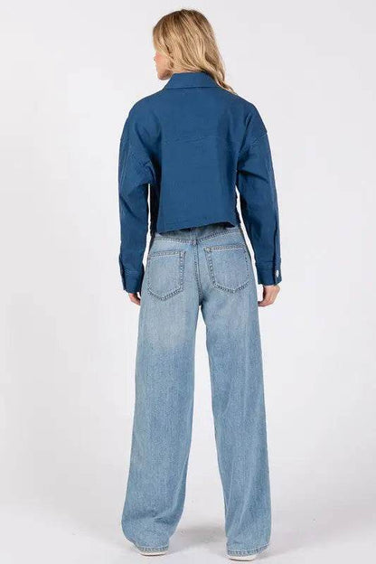 bytos Button Down Cropped Denim Jacket with Patch Pockets - Velveta Studio