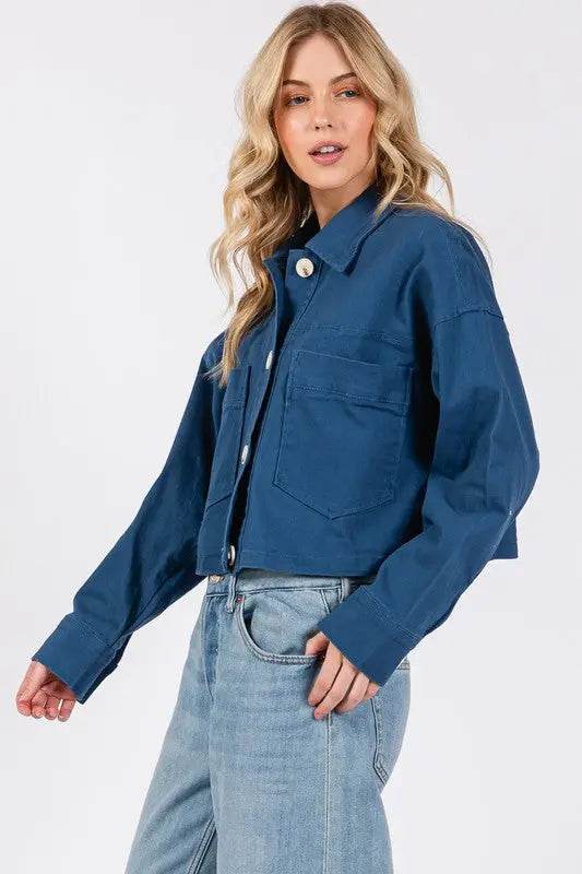 bytos Button Down Cropped Denim Jacket with Patch Pockets - Velveta Studio
