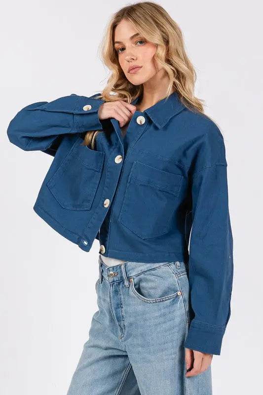 bytos Button Down Cropped Denim Jacket with Patch Pockets - Velveta Studio