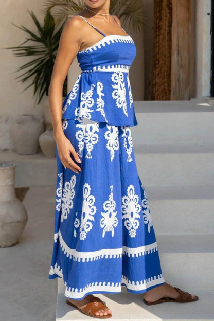 Printed Square Neck Cami and Wide Leg Pants Set - Velveta Studio