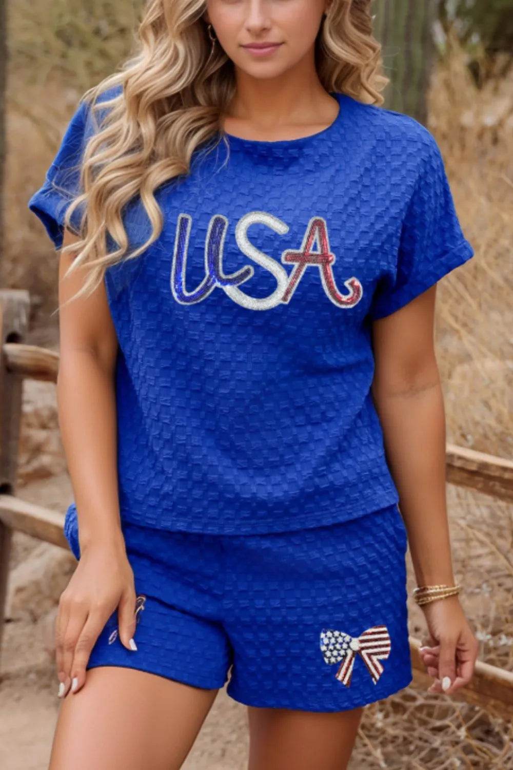Textured Sequined USA Top and Bowknot Shorts Set - Velveta Studio