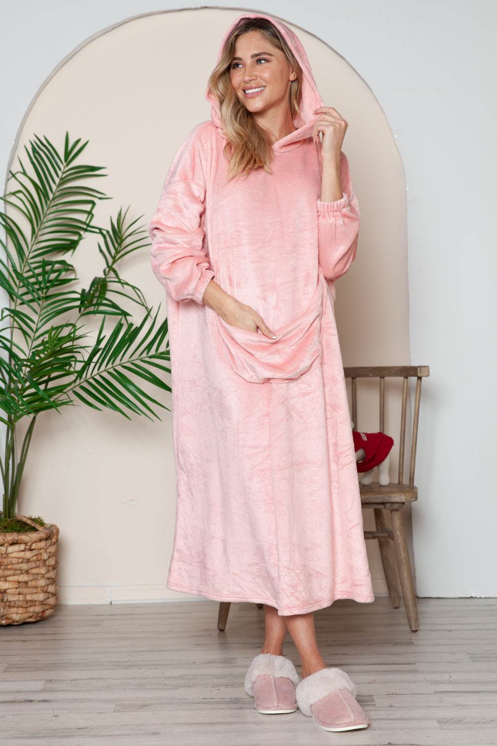 Double Take Full Size Pocketed Hooded Midi Lounge Dress - Velveta Studio