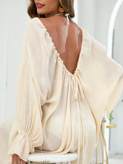 Backless Drawstring Back Flounce Sleeve Cover-Up - Velveta Studio