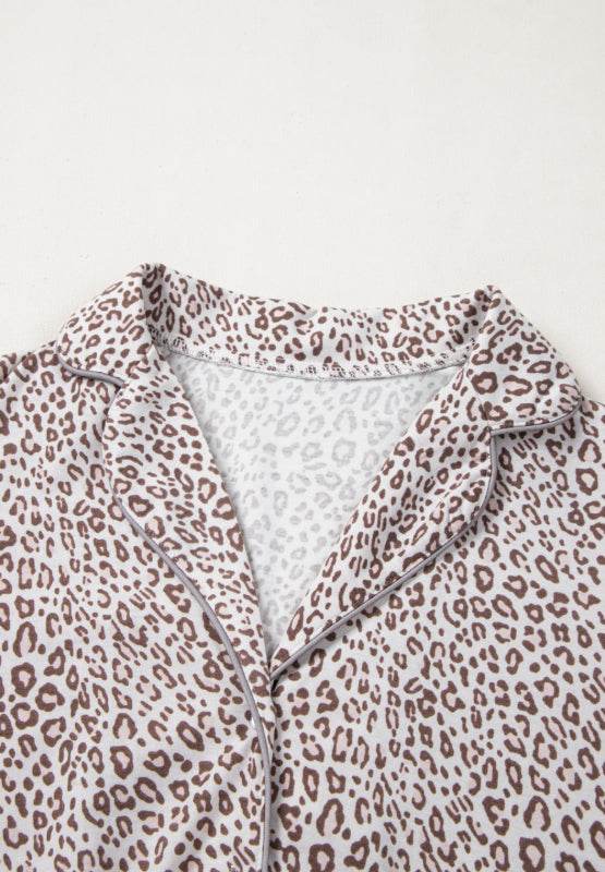 Leopard Button Down Long Sleeve Top and Pants Lounge Set - Velveta Studio