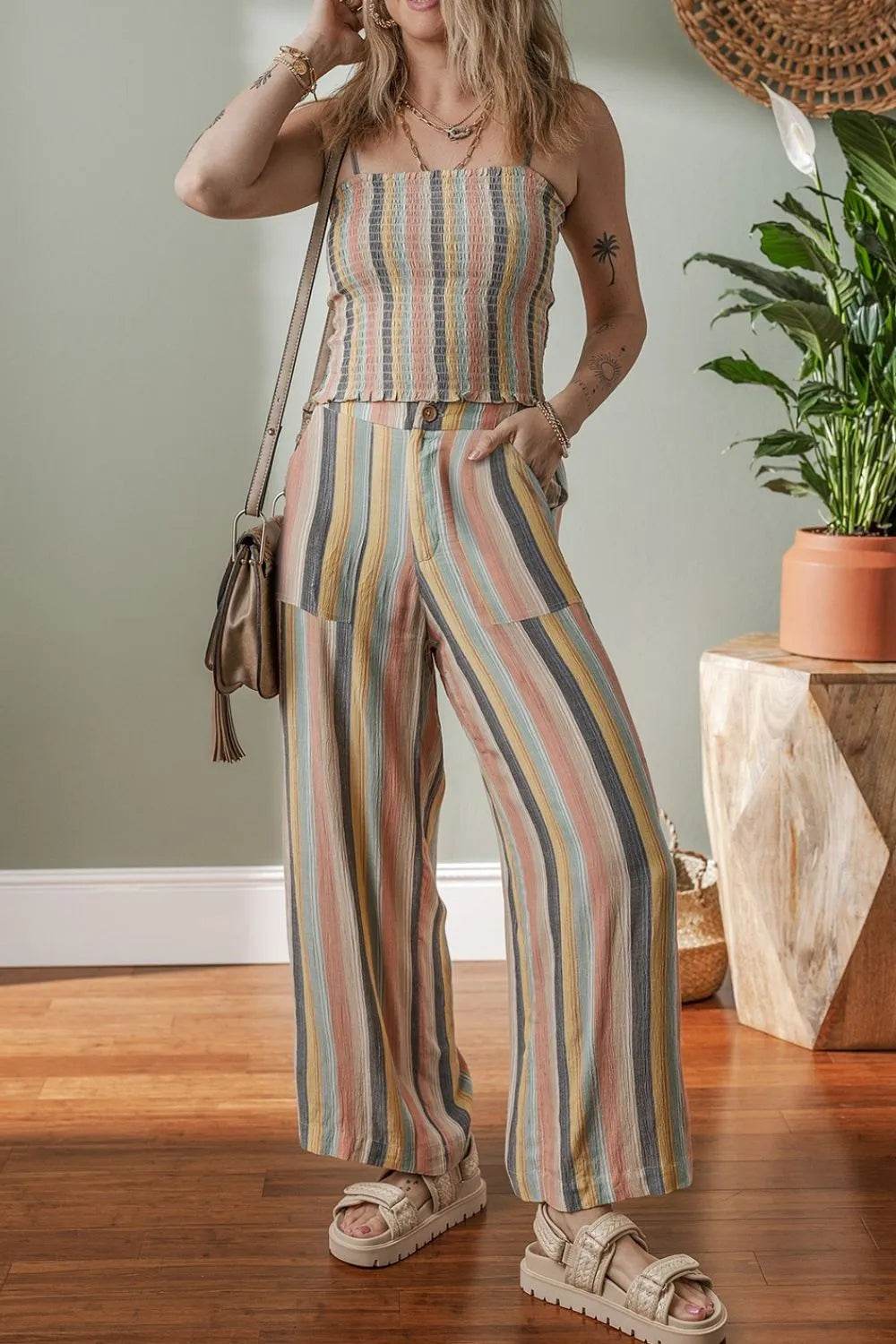 Striped Smocked Cami Top and Wide Leg Pants Set - Velveta Studio