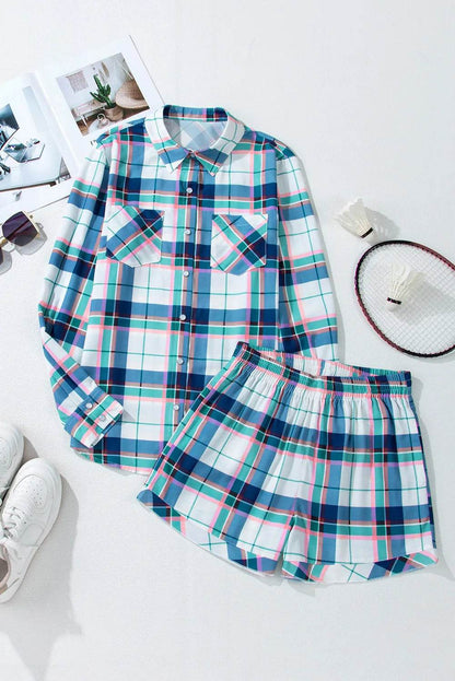 Plaid Snap Down Long Sleeve Top and Shorts Lounge Set - Velveta Studio