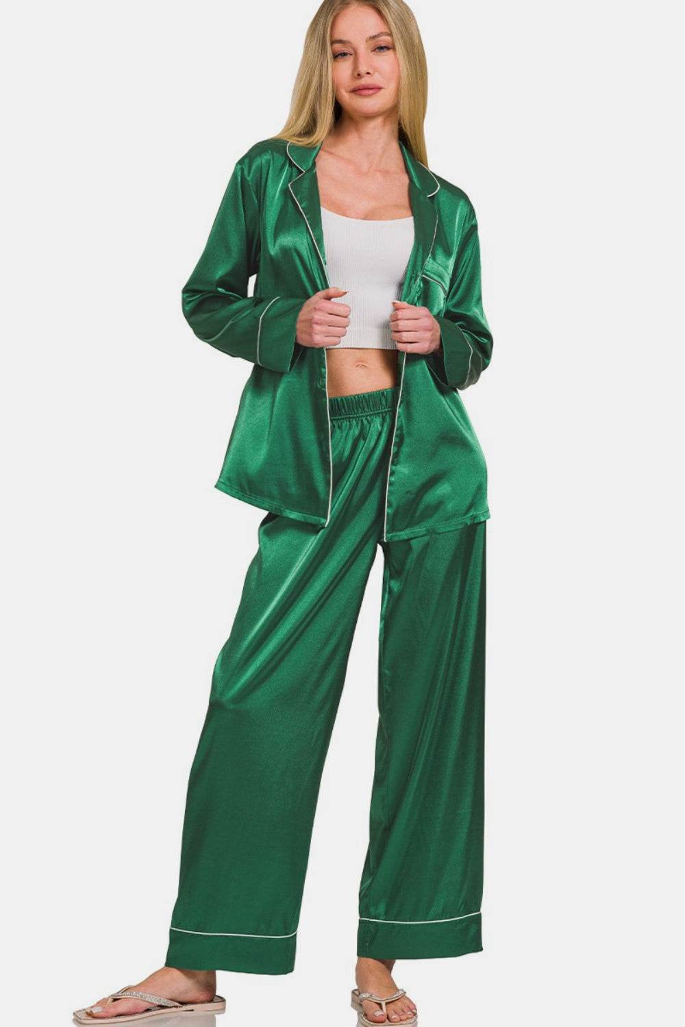 Zenana Satin Long Sleeve Shirt and Pants Pajama Set - Velveta Studio