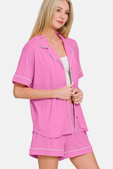 Zenana Button Down Short Sleeve Top and Shorts Lounge Set - Velveta Studio