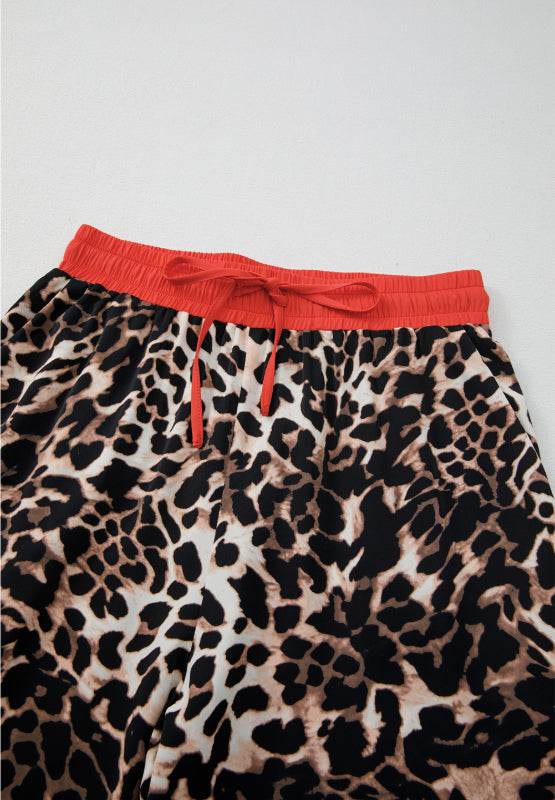 Contrast Trim Leopard Round Neck Top and Pants Lounge Set - Velveta Studio