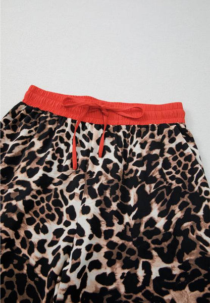 Contrast Trim Leopard Round Neck Top and Pants Lounge Set - Velveta Studio