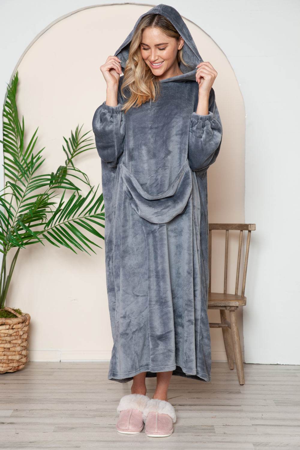 Double Take Full Size Pocketed Hooded Midi Lounge Dress - Velveta Studio