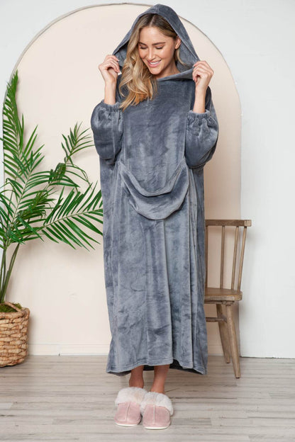 Double Take Full Size Pocketed Hooded Midi Lounge Dress - Velveta Studio