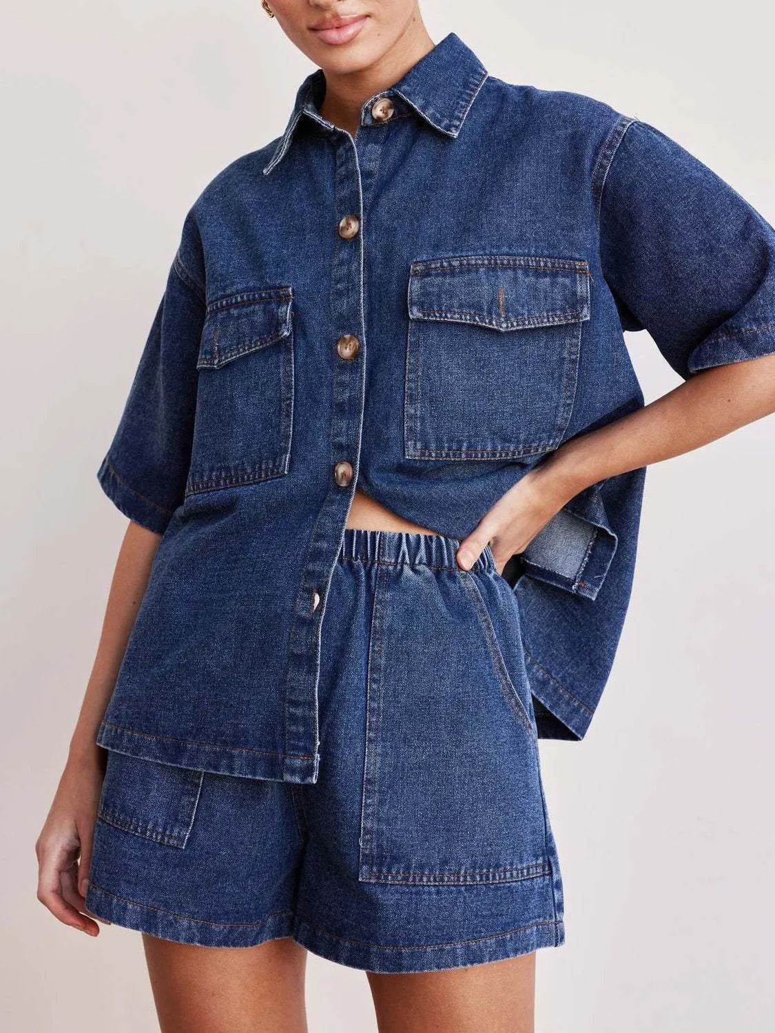 Button Up Short Sleeve Top and Shorts Denim Set - Velveta Studio