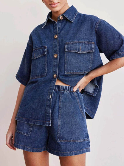 Button Up Short Sleeve Top and Shorts Denim Set - Velveta Studio
