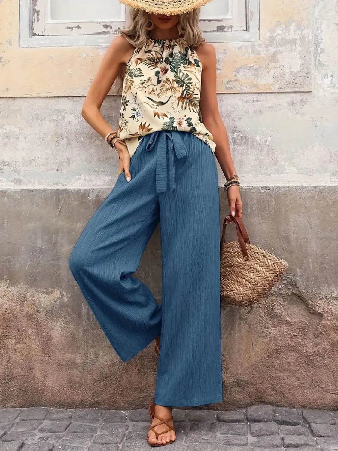 Printed Tank Top and Wide Leg Pants Set - Velveta Studio
