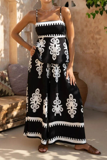 Printed Square Neck Cami and Wide Leg Pants Set - Velveta Studio