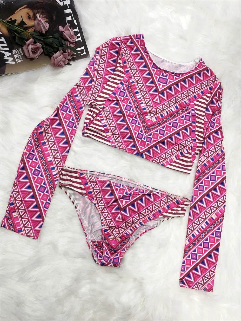 Printed Long Sleeve Top and Brief Swim Set - Velveta Studio
