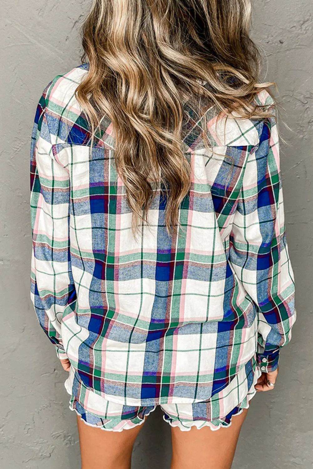 Plaid Snap Down Long Sleeve Top and Shorts Lounge Set - Velveta Studio