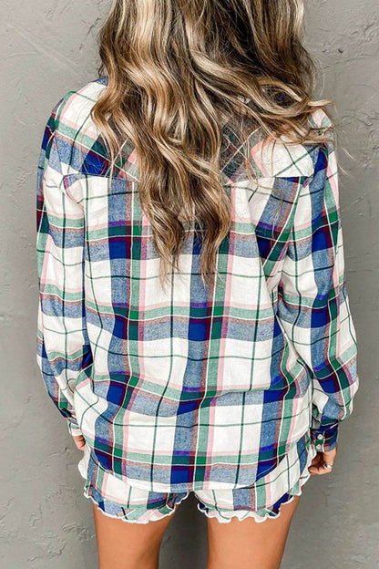 Plaid Snap Down Long Sleeve Top and Shorts Lounge Set - Velveta Studio