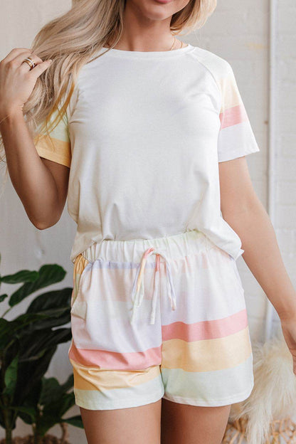 Rainbow Striped Round Neck T Shirt and Shorts Lounge Set - Velveta Studio